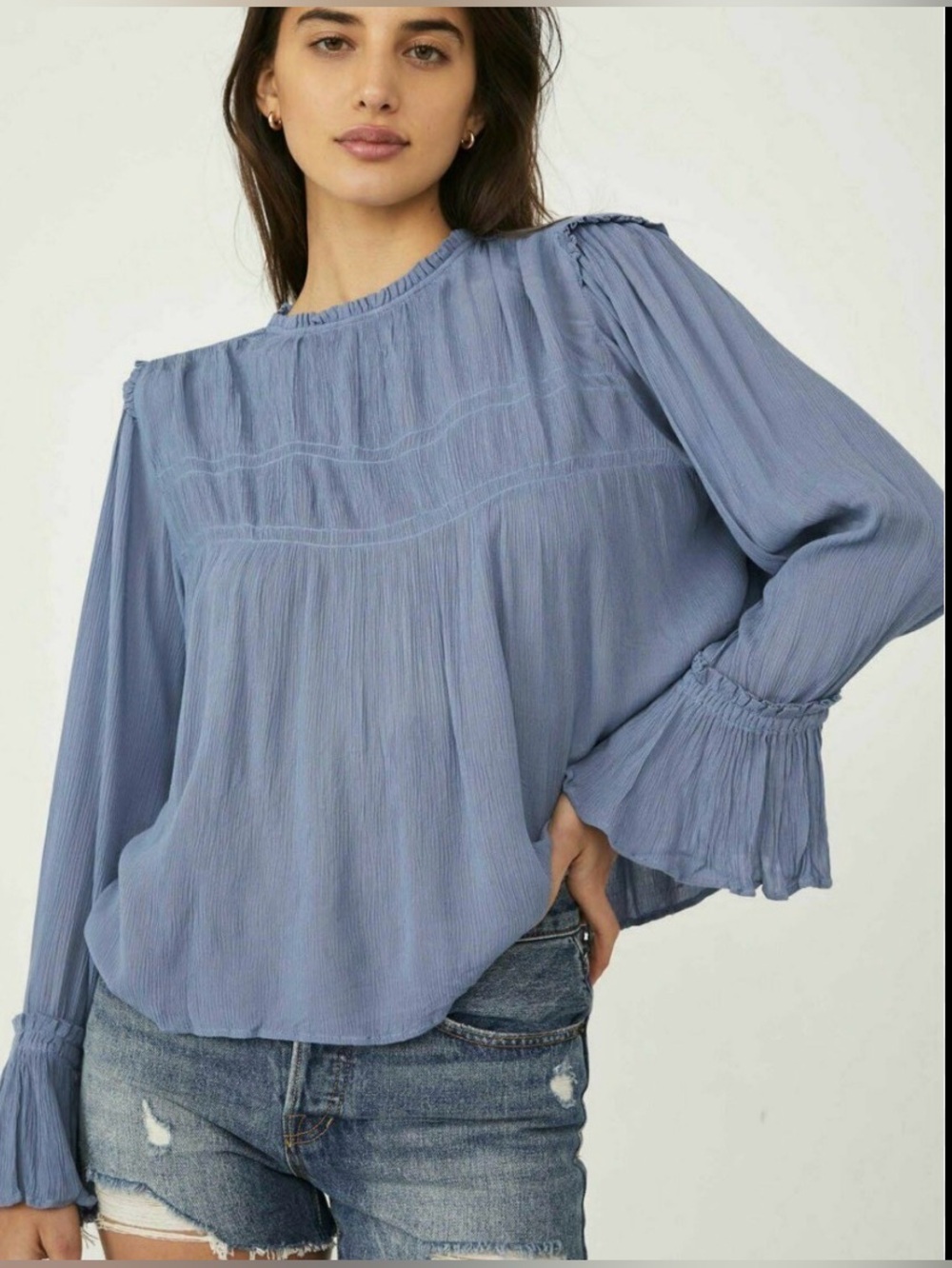 Free People Kelsey Peasant Blouse  country Blue with Ruffle  Sz XL